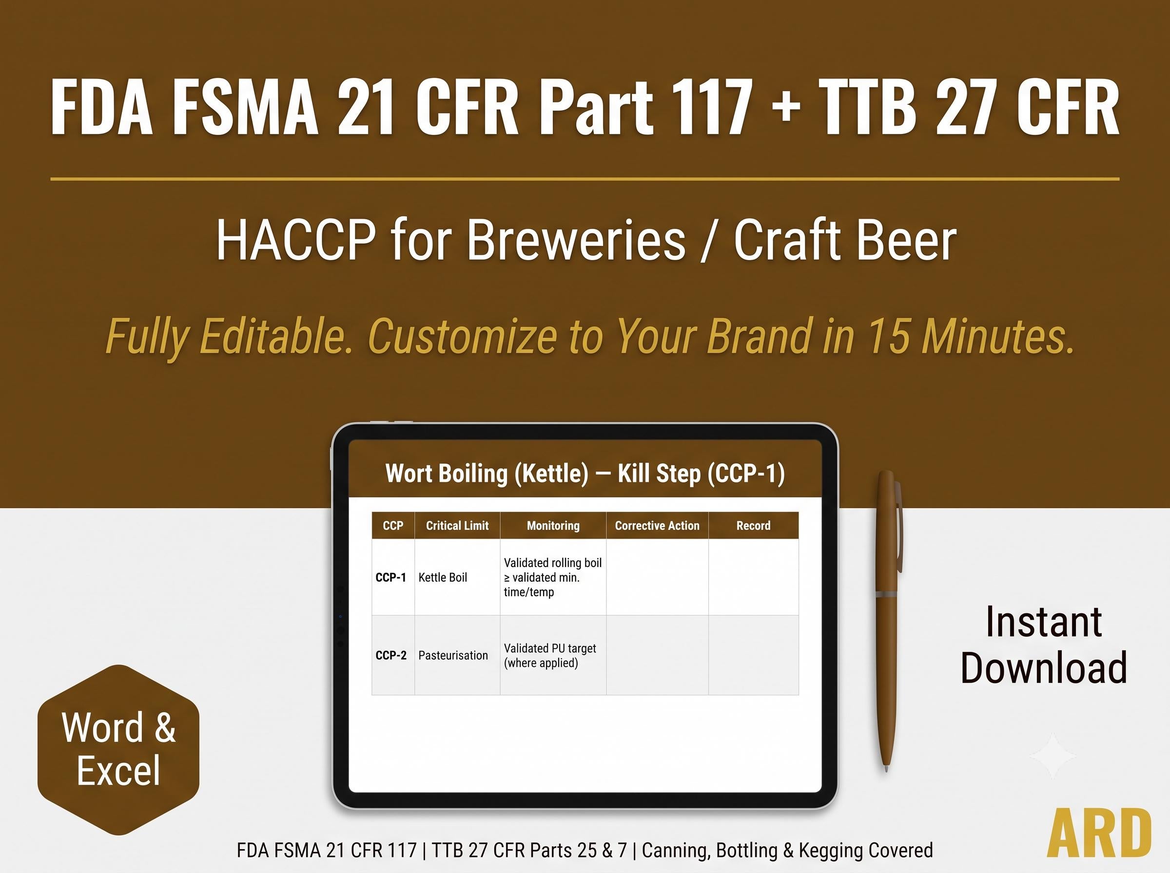 HACCP for Breweries Documentation System Full Pack + (Bonus FDA FSMA 21 CfR 117 Compliant )