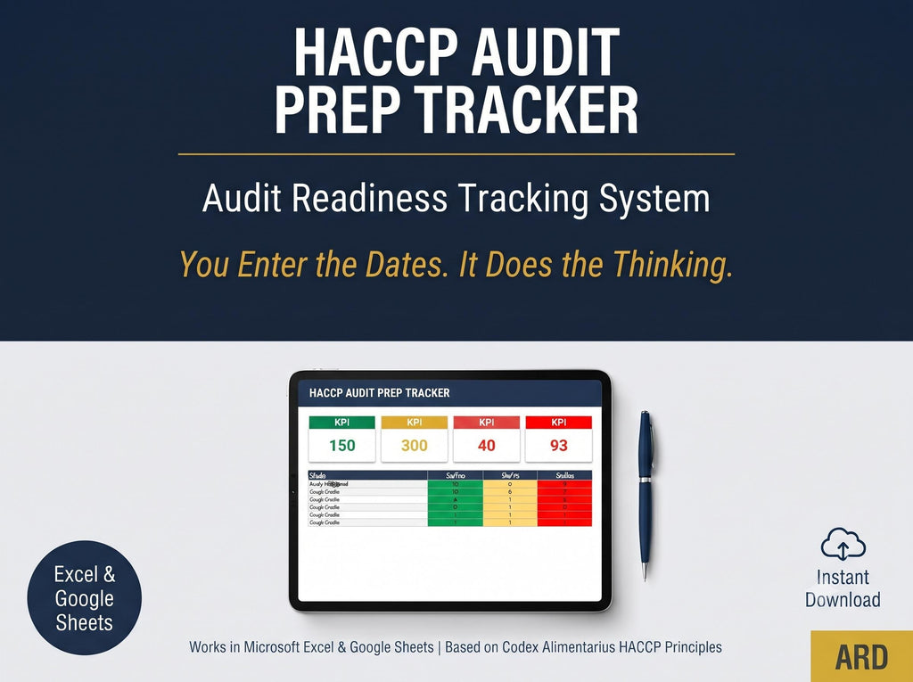HACCP Audit Prep Tracker, Excel Google Sheets, CCP Verification, CAPA, Training Due Dates