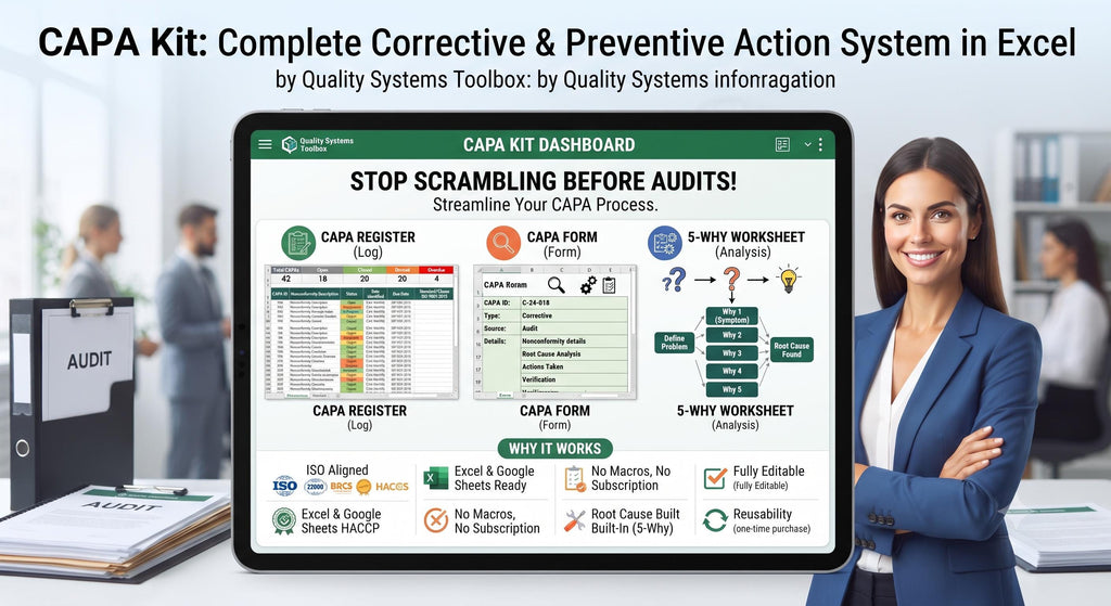 CAPA Log Template Excel | Corrective Action Tracker & Root Cause Analysis | 5 Why Worksheet | ISO 9001 Food Safety| Instant Download