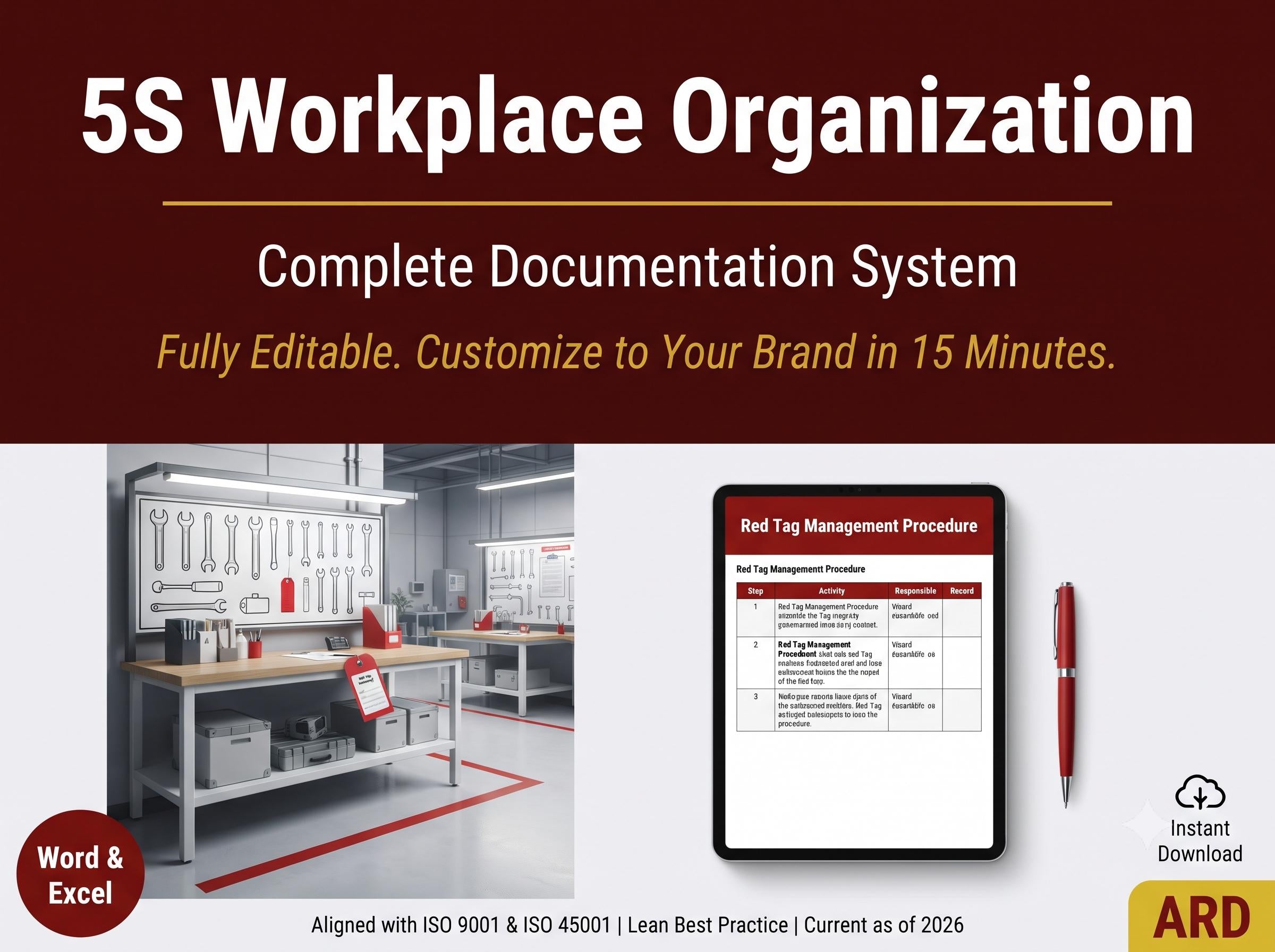5S Workplace Organization System Full Pack | 30 Documents Lean Manufacturing Red Tag Audit Checklist SOPs Kaizen Editable Templates