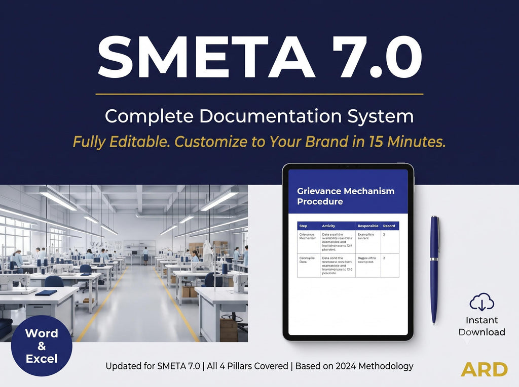 SMETA 7.0 Social Compliance Documentation Kit | 35 Editable Templates | ETI Base Code | 4 Pillar Policies Procedures Checklist Word Excel