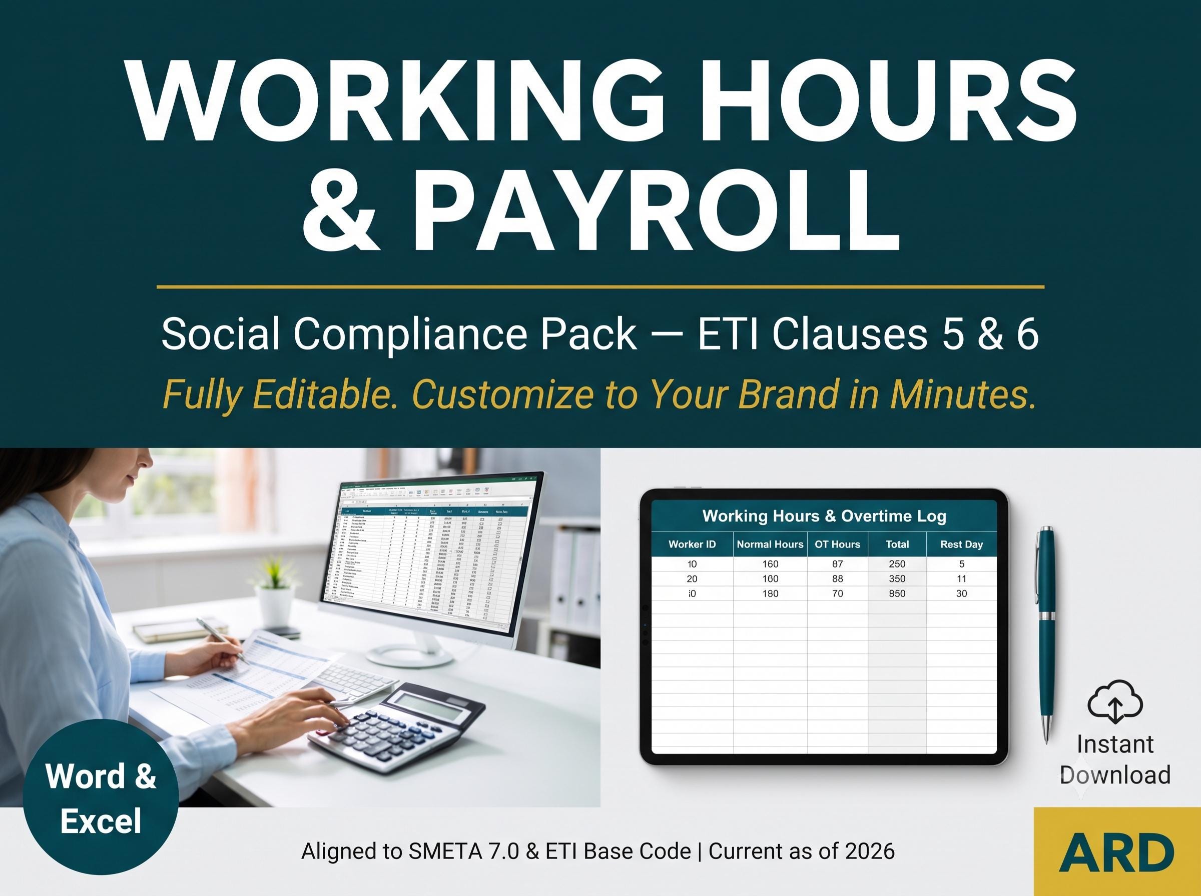 Working Hours & Payroll Compliance Pack | SMETA Sedex ETI Audit | Editable Word Excel Timekeeping Overtime Wages Templates