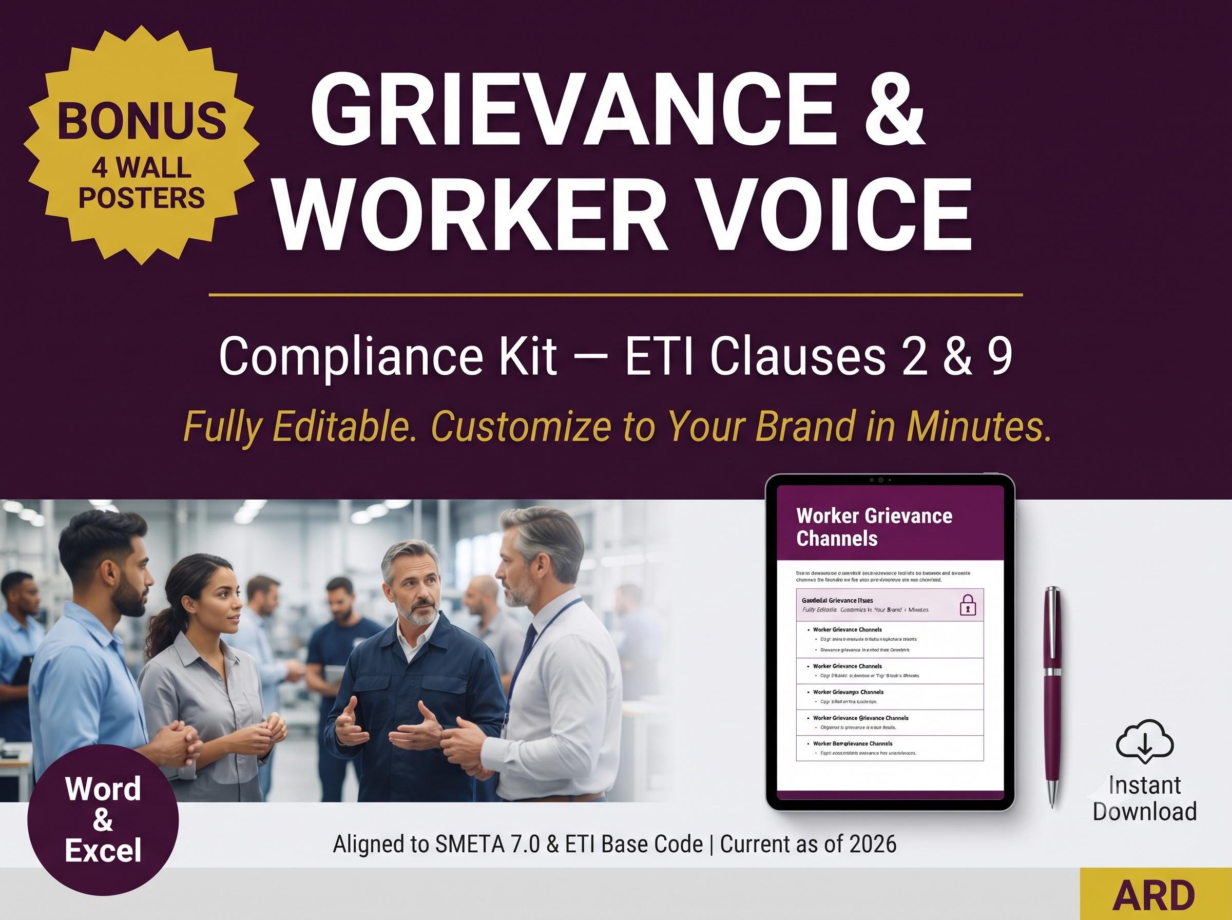 Grievance & Worker Voice System Full Pack + BONUS Posters | SMETA Sedex ETI Audit | Editable Word Excel Policy Procedure Worker Rights