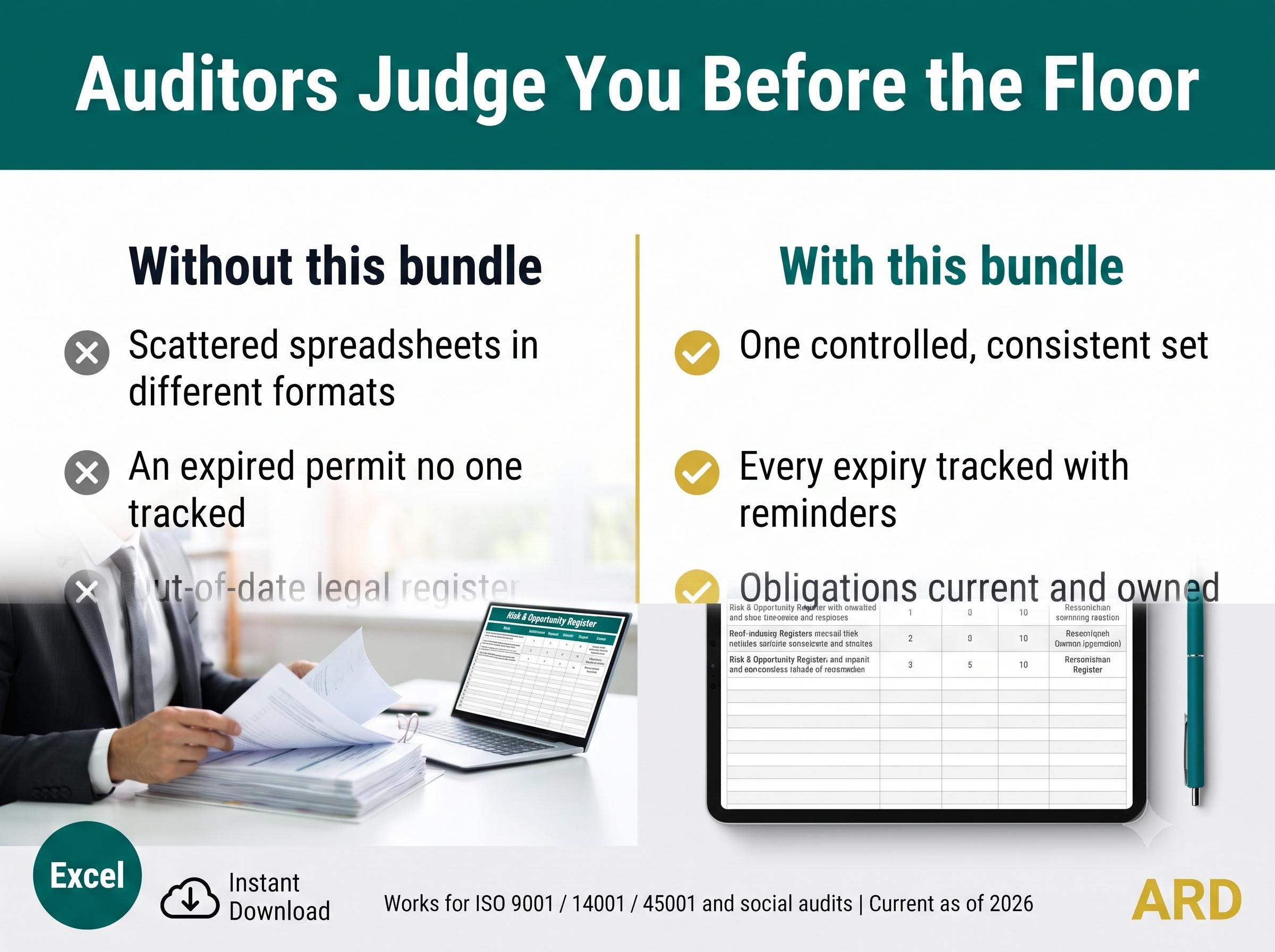 Compliance Registers Bundle | 10 ISO Templates Pre-Filled with Examples | Legal Risk Supplier Permit Calibration KPI | Excel