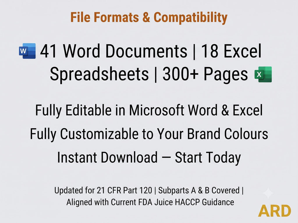 FDA Juice HACCP Documentation System Full Pack ( 21 CFR Part 120 5-Log SSOp Food Safety )