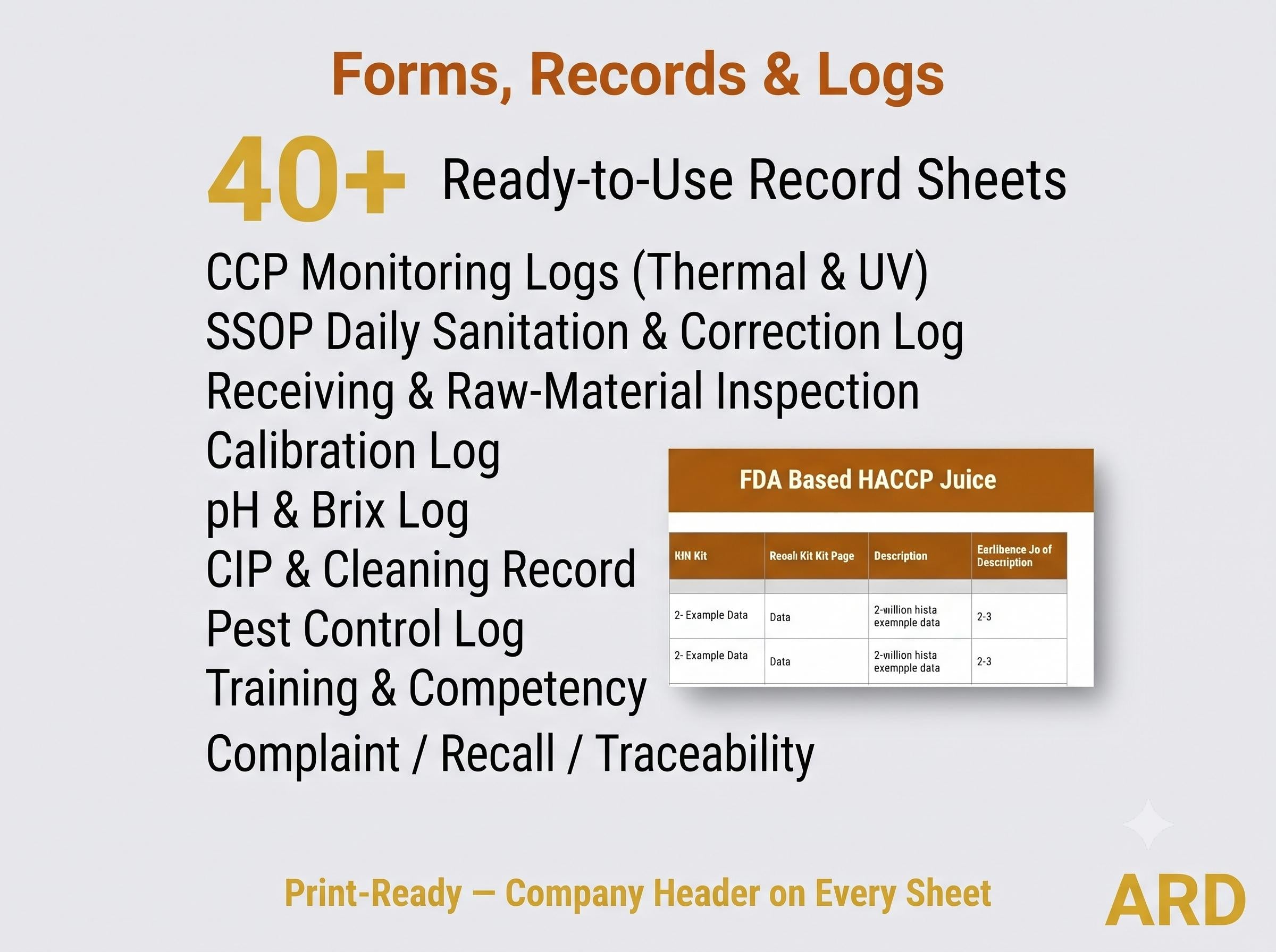 FDA Juice HACCP Documentation System Full Pack ( 21 CFR Part 120 5-Log SSOp Food Safety )