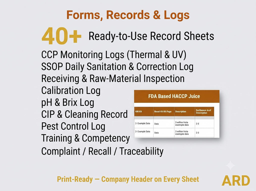 FDA Juice HACCP Documentation System Full Pack ( 21 CFR Part 120 5-Log SSOp Food Safety ), Editable Word Excel, Digital Download