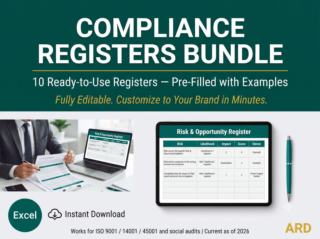 Compliance Registers Bundle | 10 ISO Templates Pre-Filled with Examples | Legal Risk Supplier Permit Calibration KPI | Excel