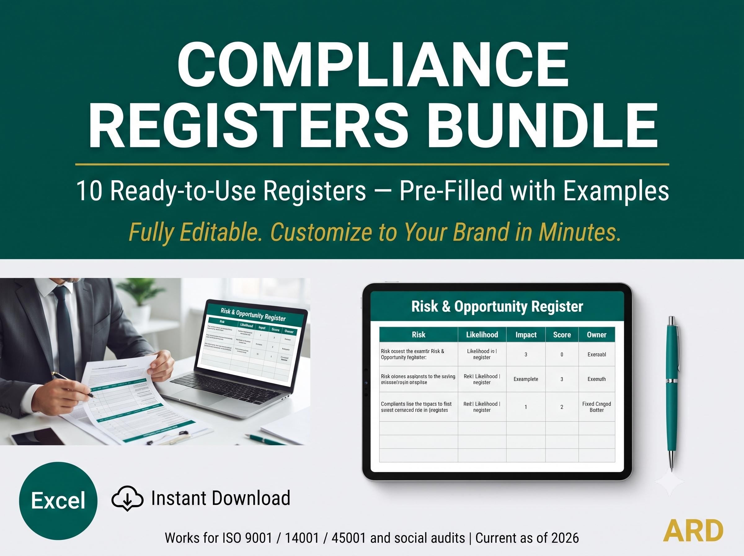 Compliance Registers Bundle | 10 ISO Templates Pre-Filled with Examples | Legal Risk Supplier Permit Calibration KPI | Excel