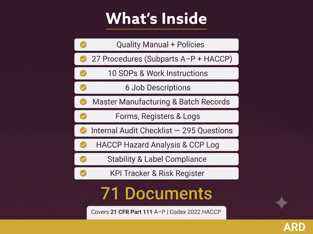 Dietary Supplement cGMP HACCP System Documents Full Pack (FDA 21 CFR Part 111 Quality Manual SOp Batch Record Haccp Plan Audit Checklist )