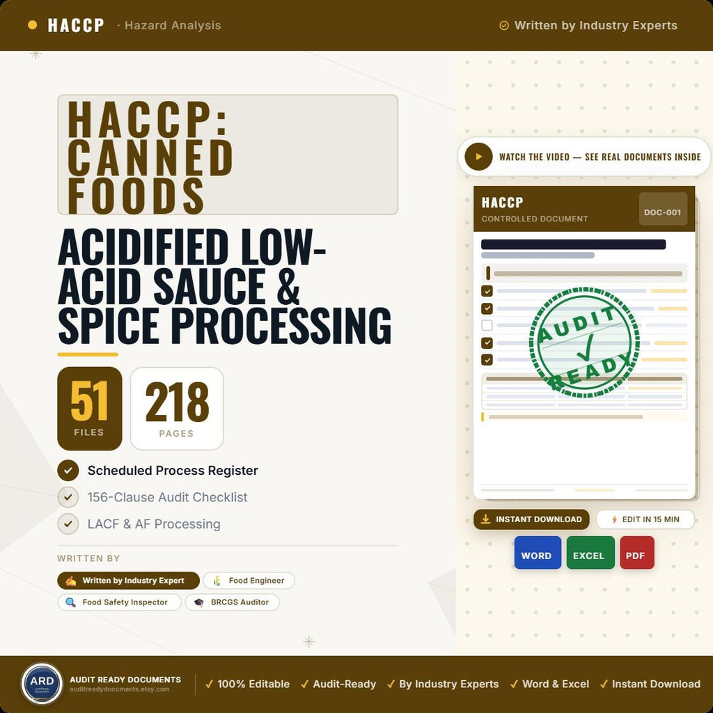 FDA HACCP Acidified , Low-Acid Canned Foods, Sauce, Spice & Dry Blends Food Safety Documentation System Full Pack
