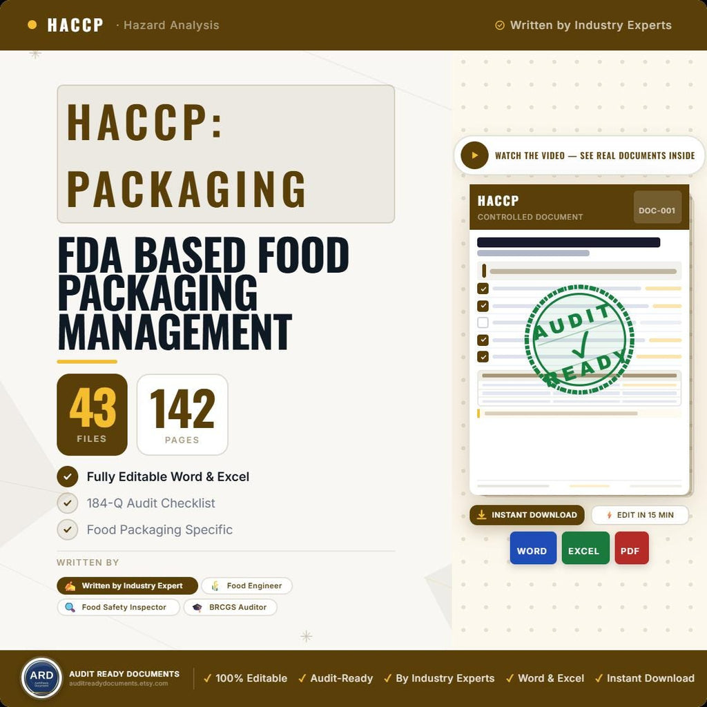 FDA Based HACCP Food Packaging Management System Full Pack | Complete Editable Documentation System Food Contact Compliance, Editable Word Excel, Digital Download