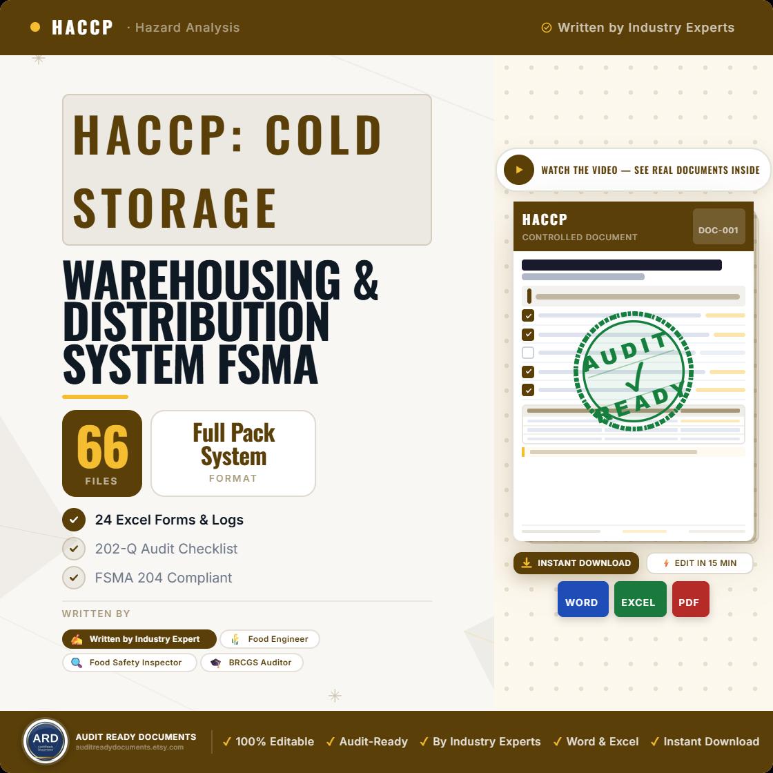 FDA HACCP Cold Storage & Distribution System Full Pack Documents (FSMA Codex | Temperature Log Traceability Audit Checklist Ect Templates ), Editable Word Excel, Digital Download