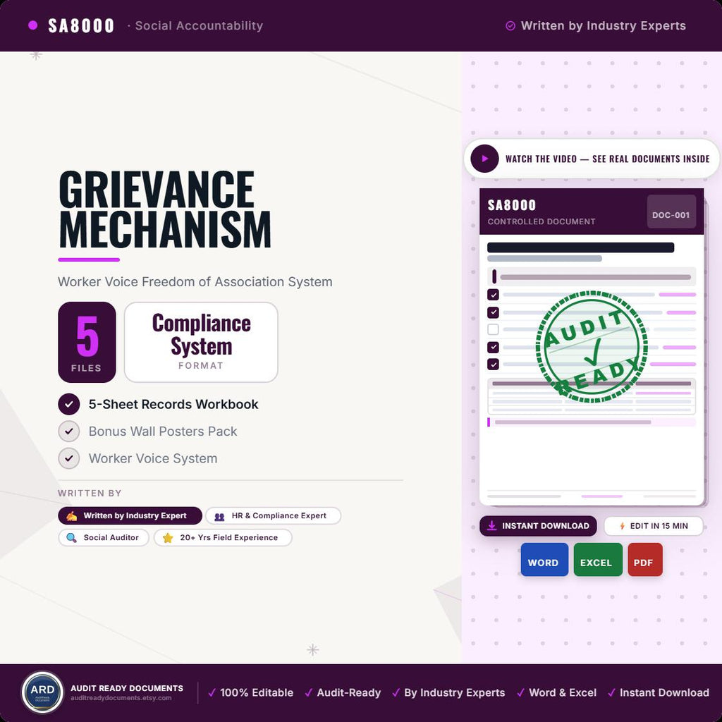 Grievance & Worker Voice System Full Pack + BONUS Posters | SMETA Sedex ETI Audit | Editable Word Excel Policy Procedure Worker Rights