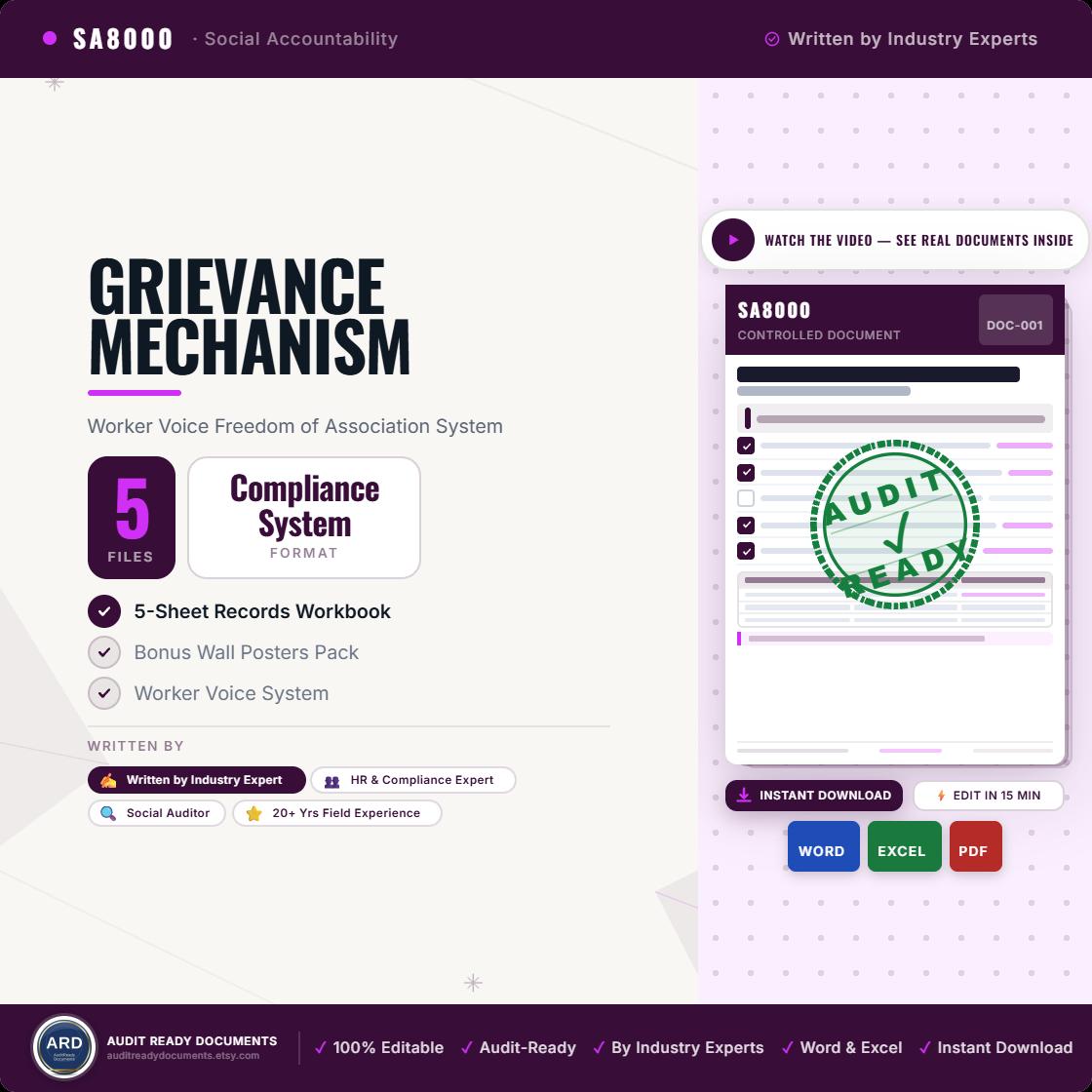 Grievance & Worker Voice System Full Pack + BONUS Posters | SMETA Sedex ETI Audit | Editable Word Excel Policy Procedure Worker Rights