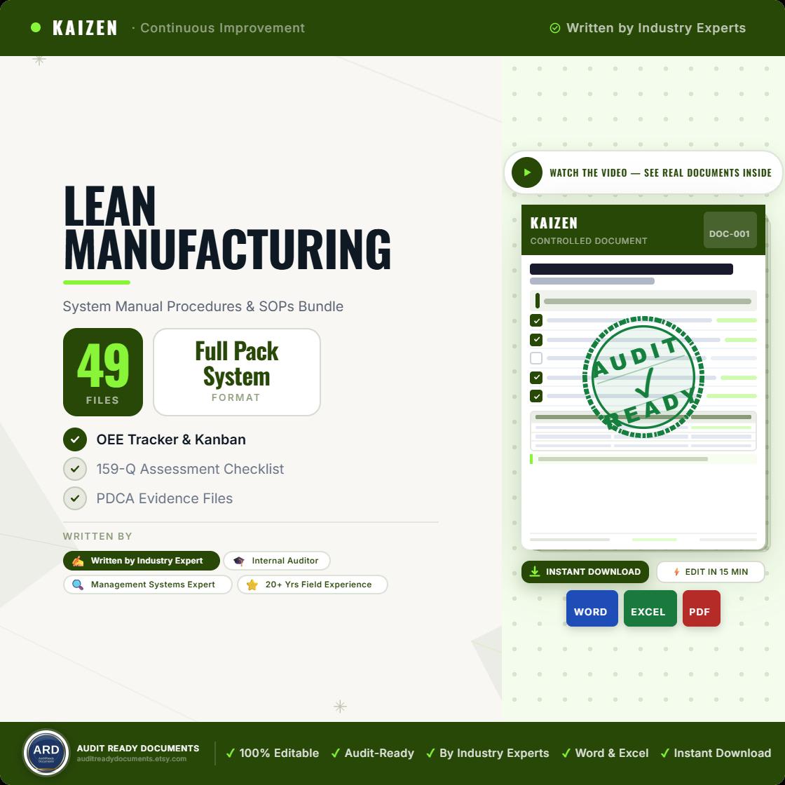 Lean Manufacturing System Full Pack ( 49 Documents | VSM 5S SMED Kaizen TPM Kanban | Procedures SOPs Audit Checklist | Editable Word Excel )