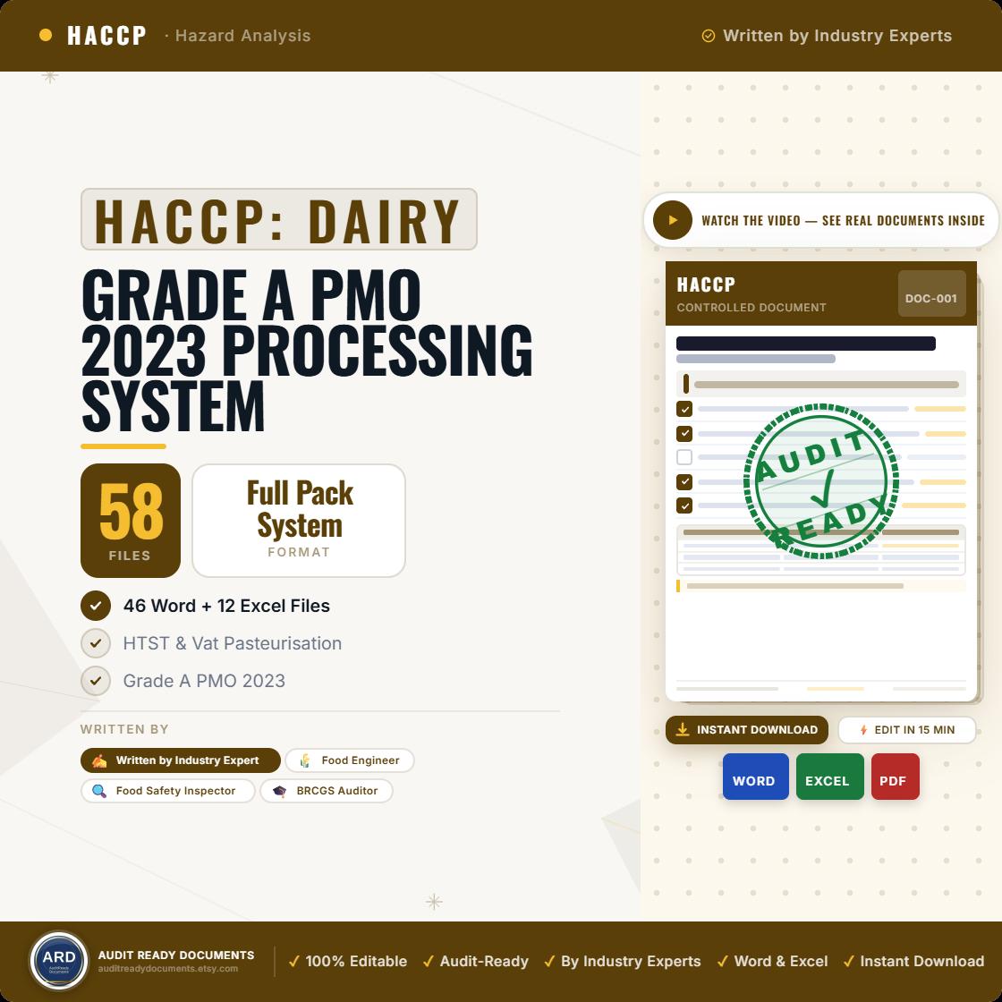 HACCP for Dairy Processing Documentation System Full Pack ( Bonus Grade A PMO 2023 Compliant )