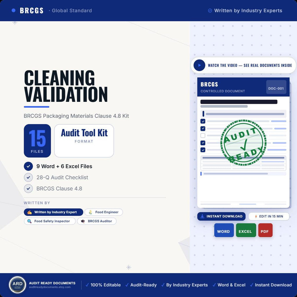 BRCGS Packaging Cleaning Validation System Full Pack, P708 Clause 4.8, Editable Word Excel, Digital Download