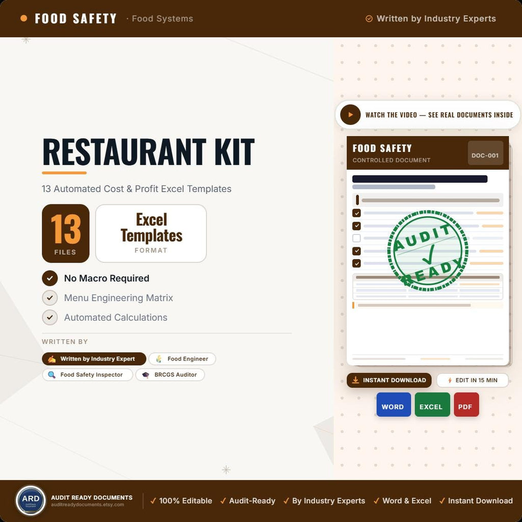 Restaurant & Cafe Management Kit | 13 Excel Templates | Food Cost, P&L, Staff Rota & More