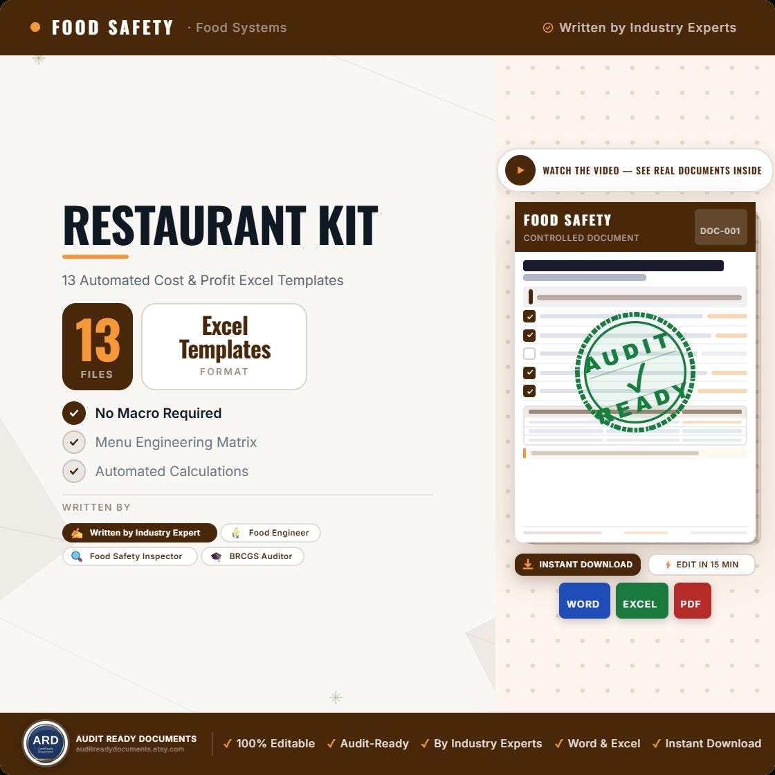 Restaurant & Cafe Management Kit | 13 Excel Templates | Food Cost, P&L, Staff Rota & More