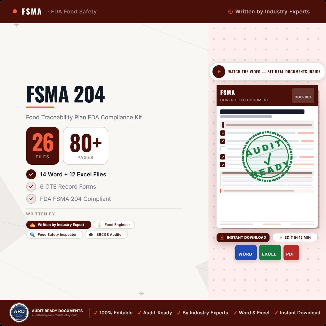 FSMA 204 Food Traceability Plan | FDA Compliance Documentation Systems Full Pack Documents