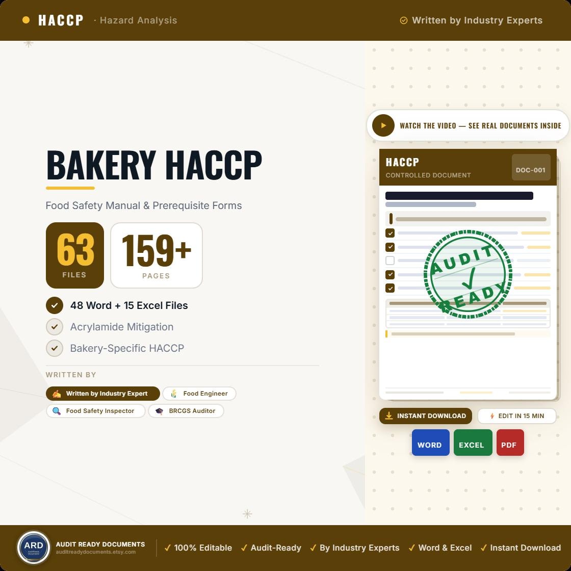 Bakery HACCP Food Safety Full Pack System Documents, Editable Word Excel, Digital Download