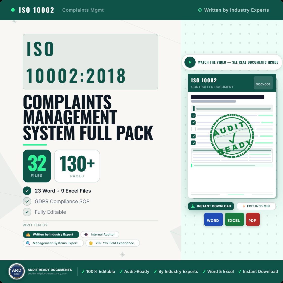 ISO 10002:2018 Complaints Management Full Pack System Documents