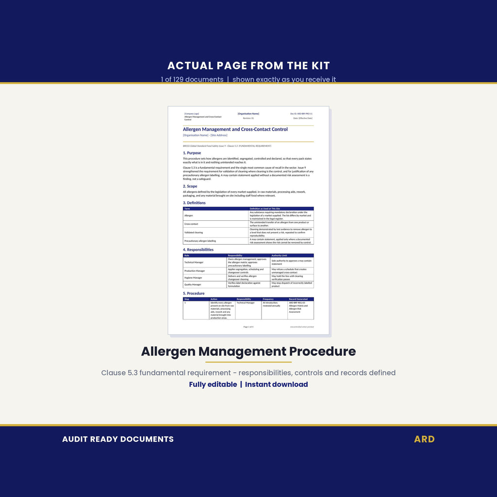 Editable BRCGS Food Quality and Safety V9 Full Pack System Documents