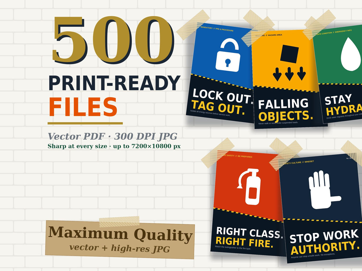 100 Workplace Safety Posters Bundle, PPE, Fire, First Aid, Ergonomics (Vector PDF)