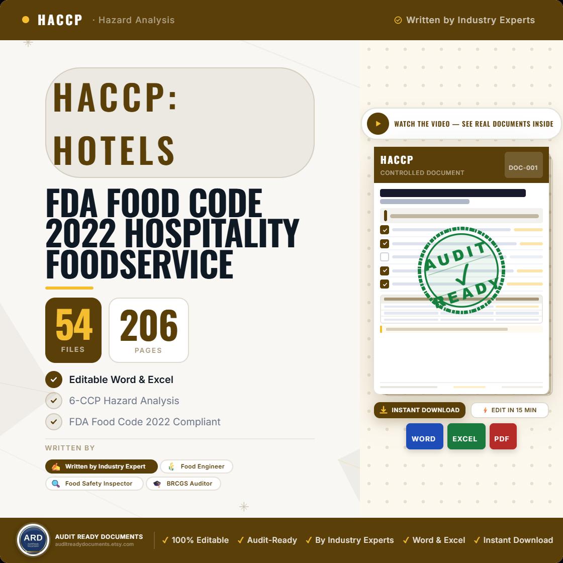 HACCP Safety Documentation Kit For Hotels Hospitality FDA Food Code 2022, Codex Editable