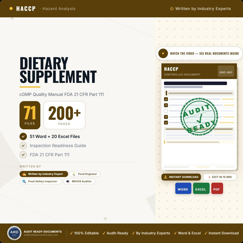 Dietary Supplement cGMP HACCP System Documents Full Pack (FDA 21 CFR Part 111 Quality Manual SOp Batch Record Haccp Plan Audit Checklist ), Editable Word Excel, Digital Download