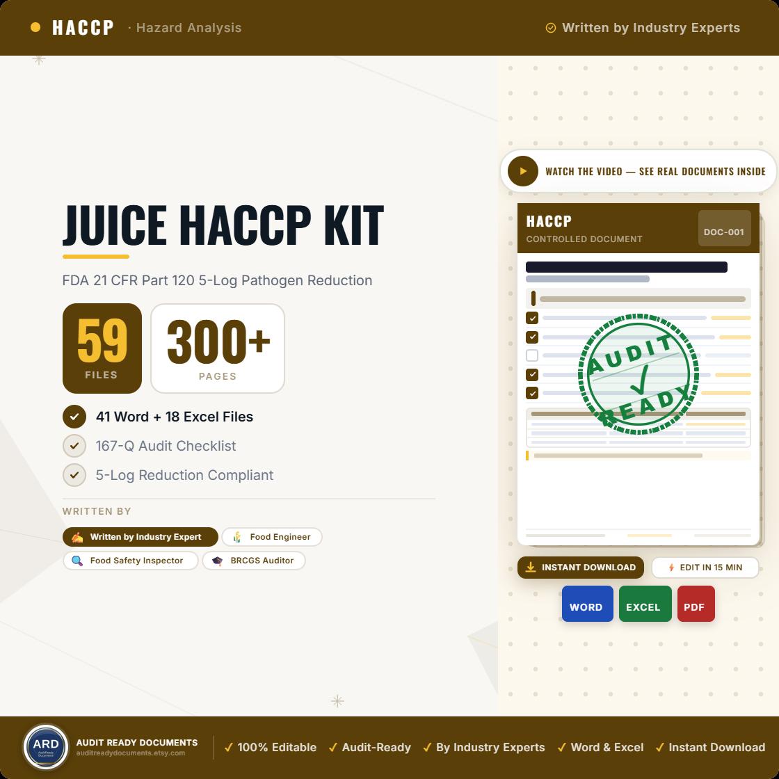 FDA Juice HACCP Documentation System Full Pack ( 21 CFR Part 120 5-Log SSOp Food Safety ), Editable Word Excel, Digital Download