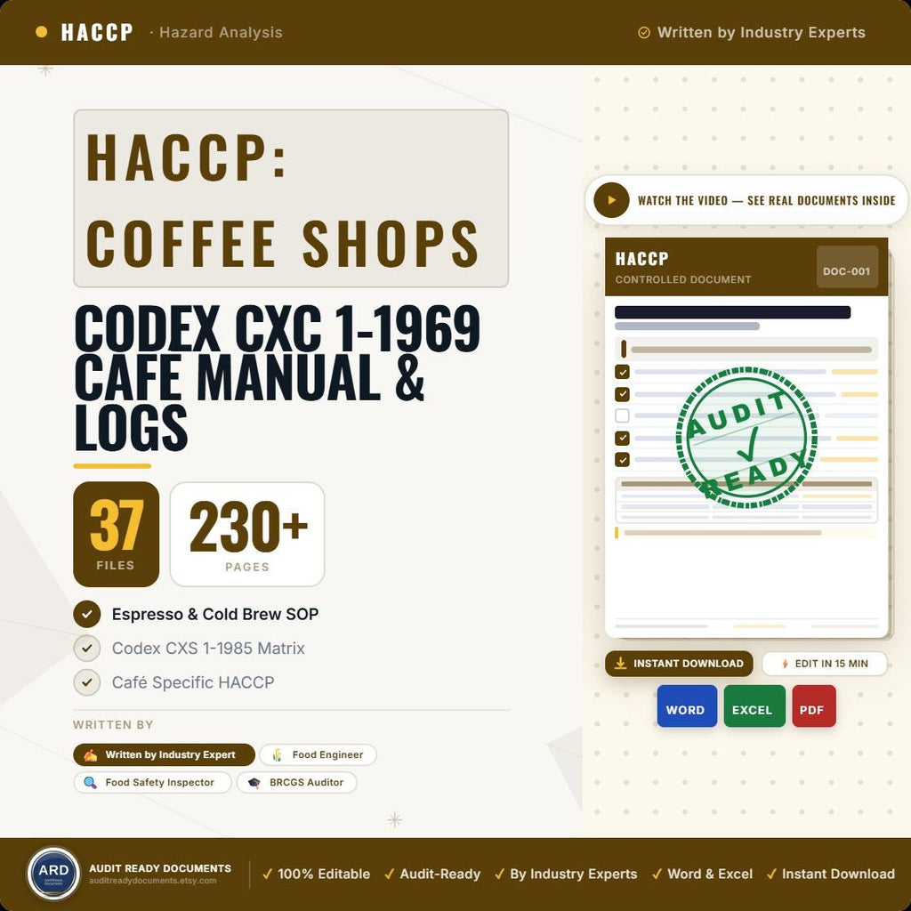 Coffee Shop HACCP Food Safety System Full Pack Documents ( Editable Word Excel Cafe Manual Procedures Logs Allergen Audit Checklist )