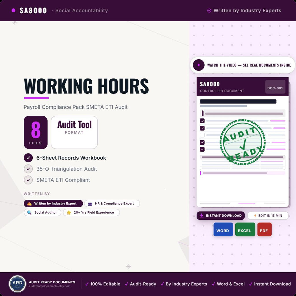 Working Hours & Payroll Compliance Pack | SMETA Sedex ETI Audit | Editable Word Excel Timekeeping Overtime Wages Templates