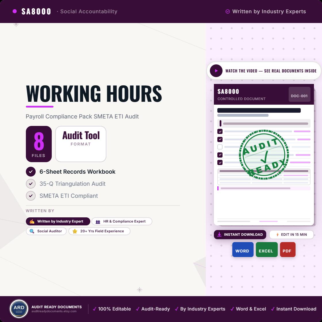 Working Hours & Payroll Compliance Pack | SMETA Sedex ETI Audit | Editable Word Excel Timekeeping Overtime Wages Templates