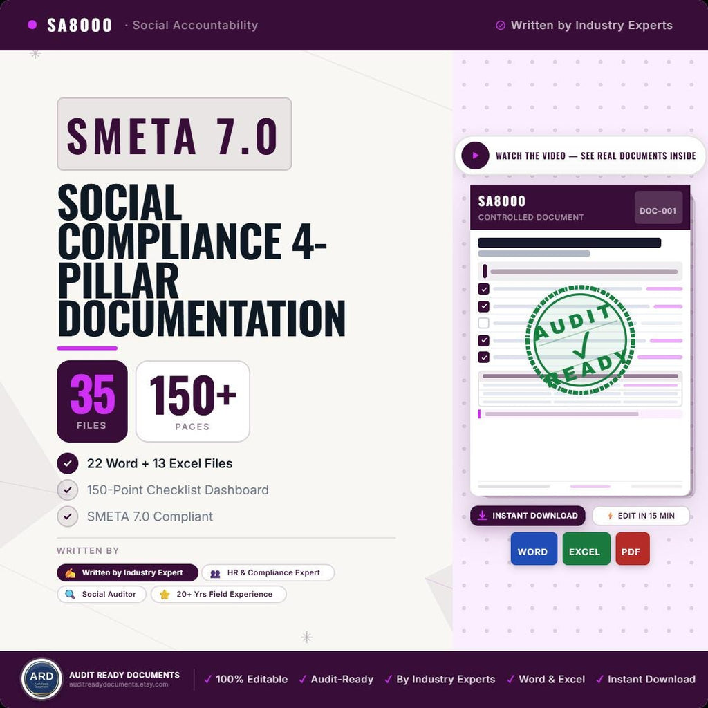 SMETA 7.0 Social Compliance Documentation Kit | 35 Editable Templates | ETI Base Code | 4 Pillar Policies Procedures Checklist Word Excel