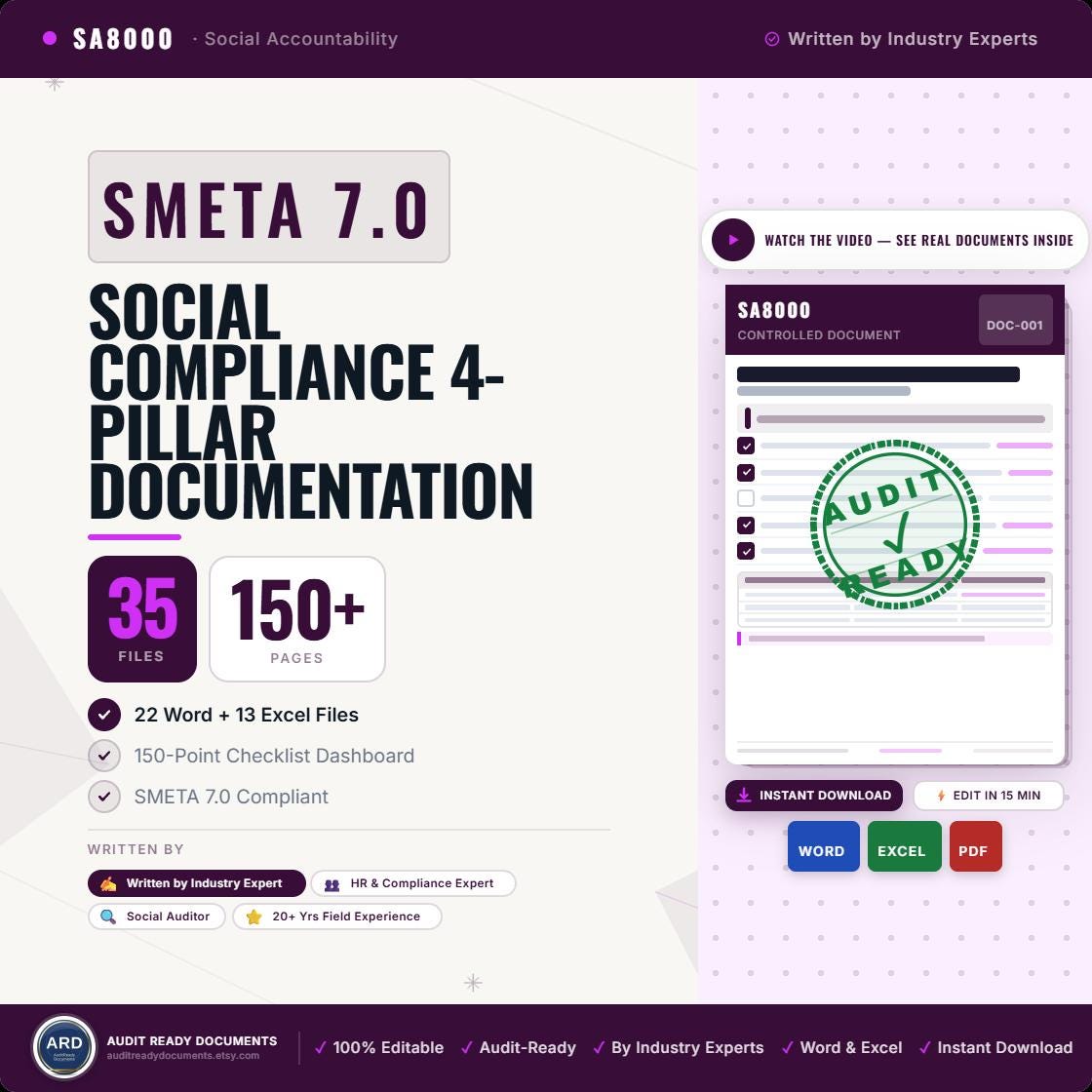 SMETA 7.0 Social Compliance Documentation Kit | 35 Editable Templates | ETI Base Code | 4 Pillar Policies Procedures Checklist Word Excel