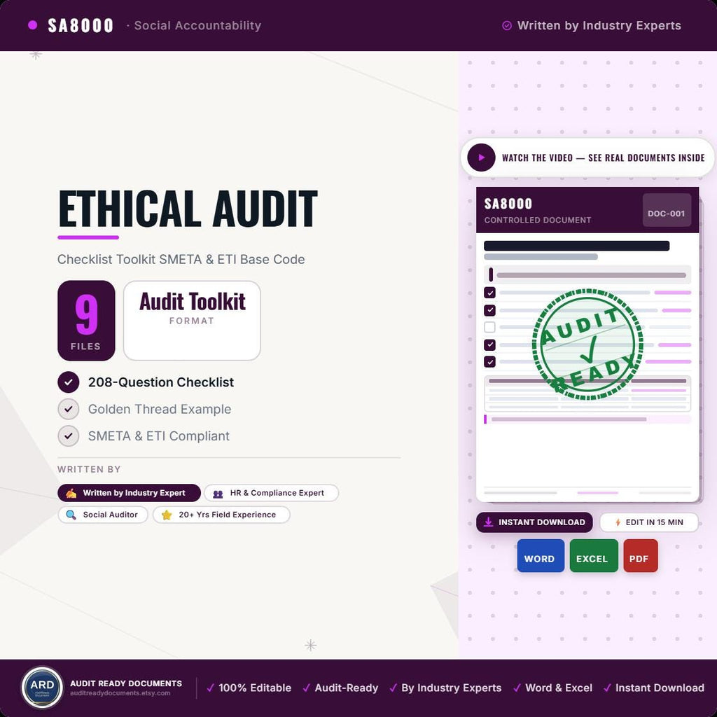 Ethical Audit Checklist Toolkit | SMETA, ETI Base Code, CAPA Templates, Editable Word Excel, Digital Download
