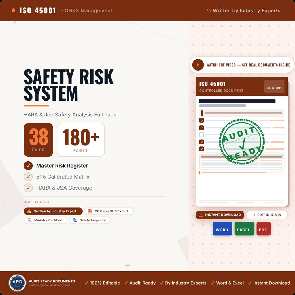Workplace Health and Safety Risk Assessment System Full Pack ( HARA | Risk Register JSA Audit ISO 45001 )