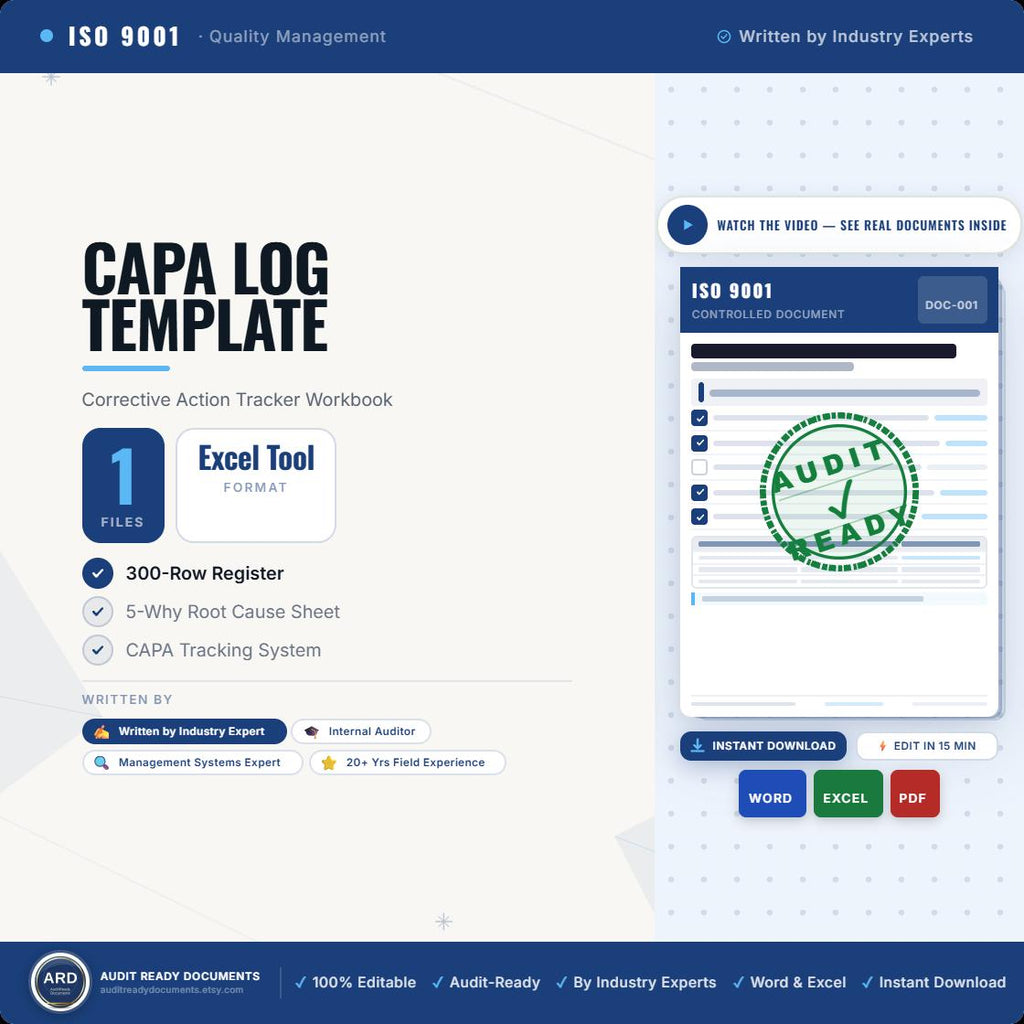 CAPA Log Template Excel | Corrective Action Tracker & Root Cause Analysis | 5 Why Worksheet | ISO 9001 Food Safety| Instant Download