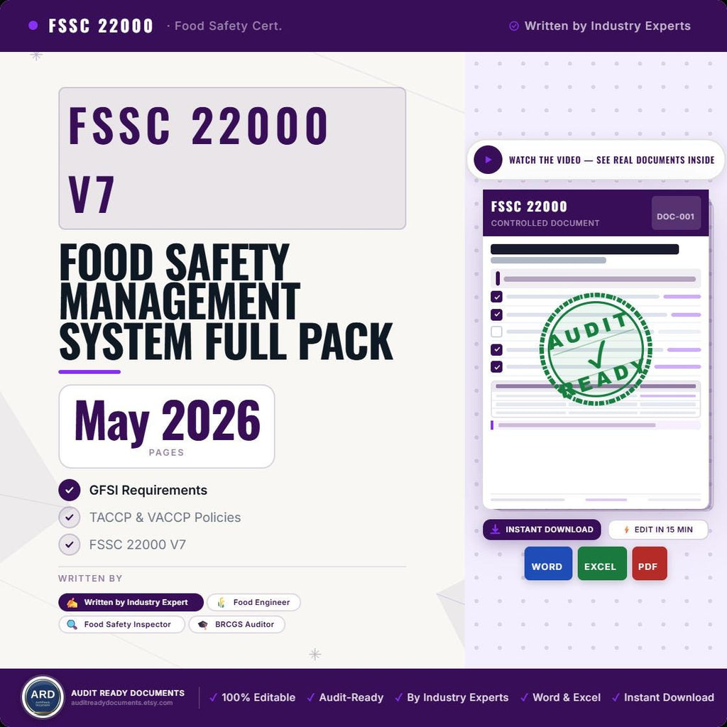 FSSC 22000 Version 7 Food Safety Management System (FSMS) – Complete Document Kit Editable