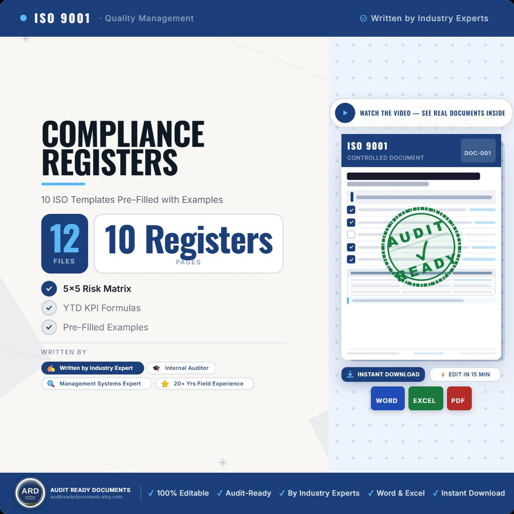 Compliance Registers Bundle | 10 ISO Templates Pre-Filled with Examples | Legal Risk Supplier Permit Calibration KPI | Excel