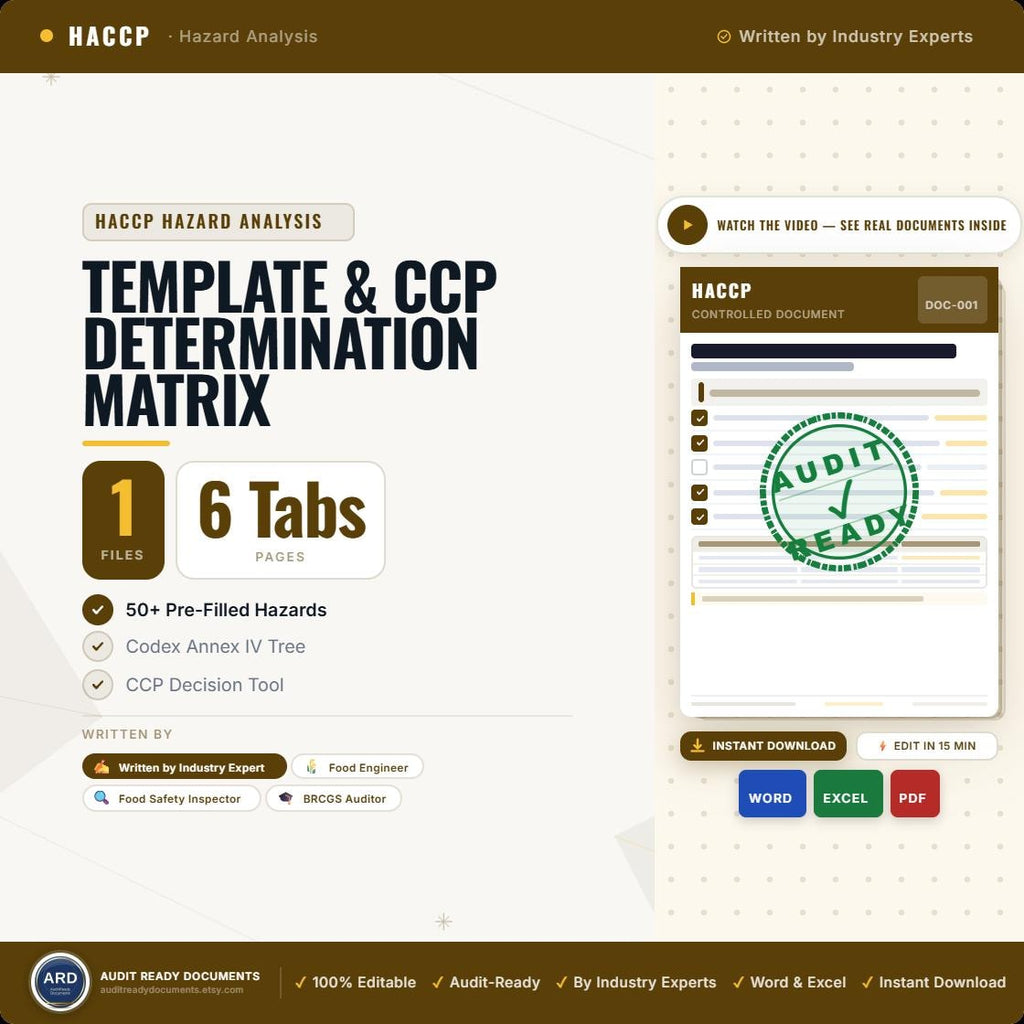HACCP Hazard Analysis Template , Editable Excel , 12-Stage Flow, 50+ Hazards, CCP Determination, PRP