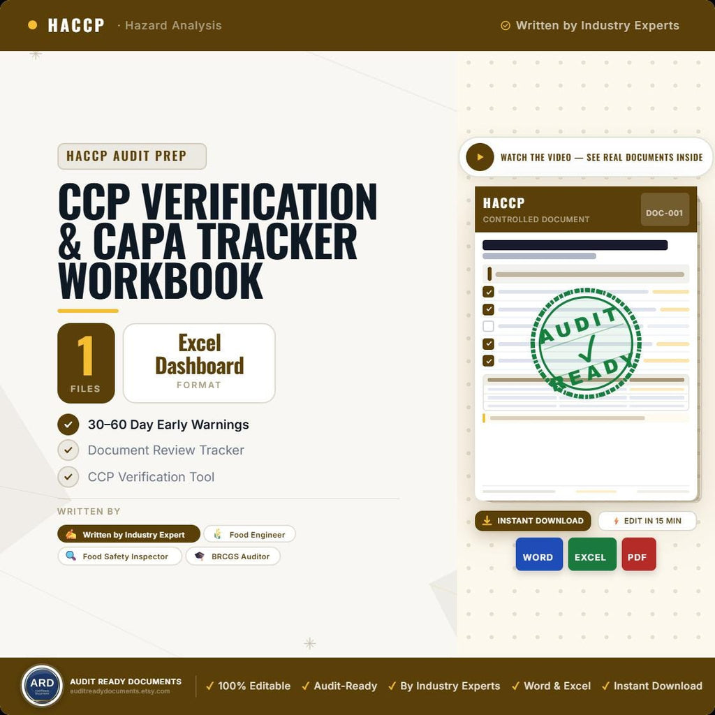 HACCP Audit Prep Tracker, Excel Google Sheets, CCP Verification, CAPA, Training Due Dates