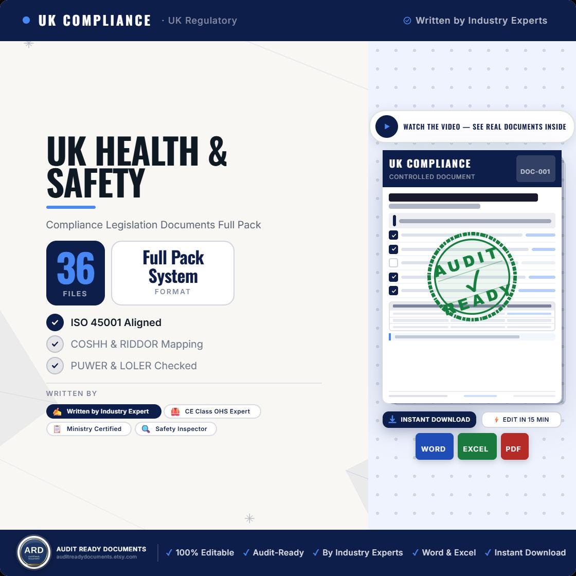 UK Health Safety Compliance Documents Full Pack | ISO 45001, COSHH, riddor (Digital Download)