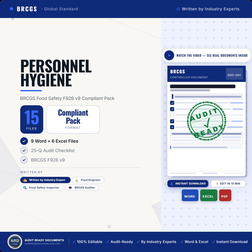 BRCGS Food Safety Personnel Hygiene and Protective Clothing, F926 v9 Compliant, Editable Word Excel, Digital Download
