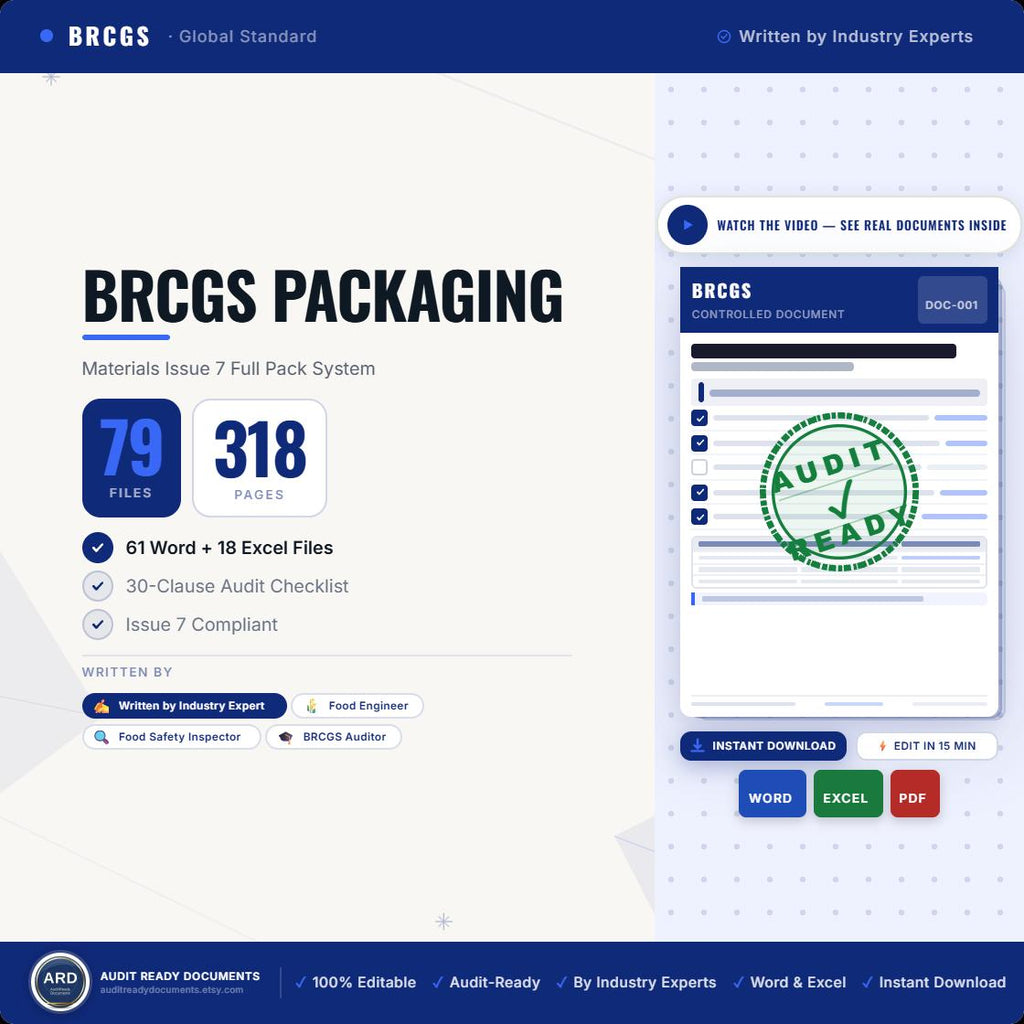 BRCGS Packaging Materials Issue 7 Full Pack System Documents, Editable Word Excel, Digital Download