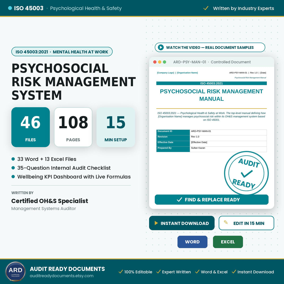 ISO 45003 psychosocial risk management documentation kit cover showing 46 files, 108 pages and a manual preview