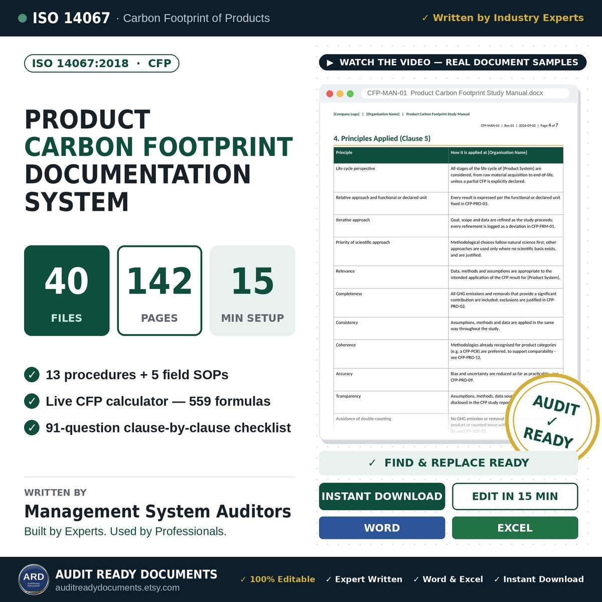 ISO 14067:2018 product carbon footprint documentation system cover: 40 files, 142 pages, Word and Excel, real manual page preview