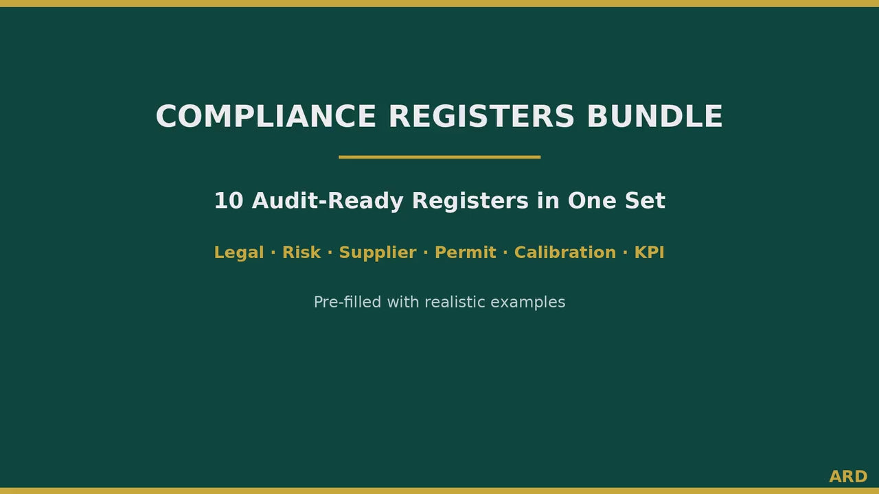 Compliance Registers Bundle | 10 ISO Templates Pre-Filled with Examples | Legal Risk Supplier Permit Calibration KPI | Excel